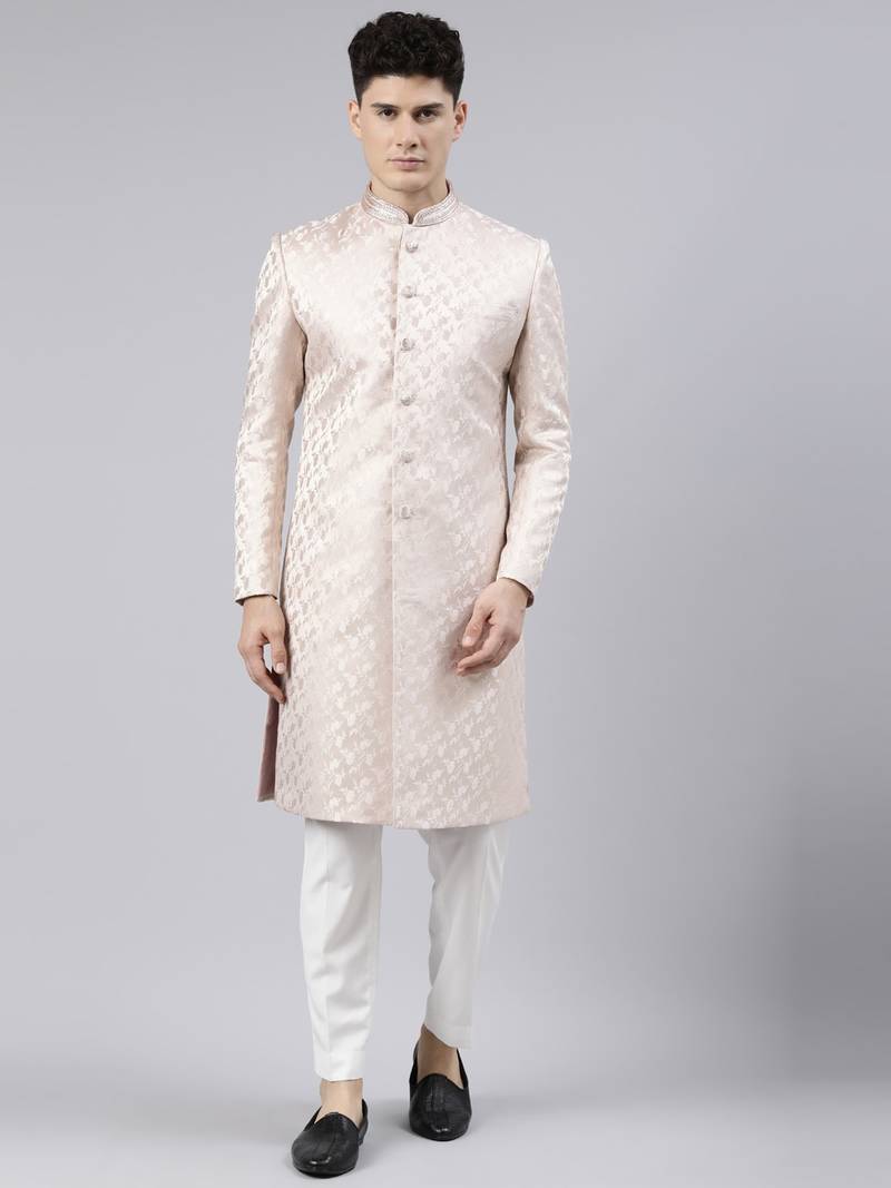 Peach Jacquard Achkan
