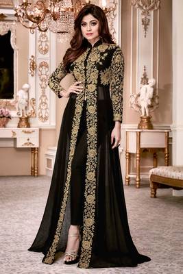Black Embroidered Faux Georgette Salwar Free size full stitched Up To 42" Size 1