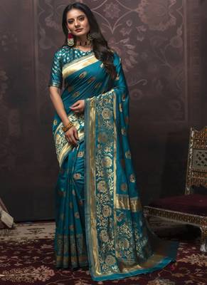 Turquoise Silk Designer  Party Wear Sarees 1