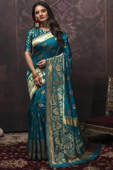 Turquoise Silk Designer  Party Wear Sarees
