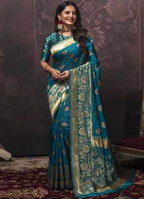 Turquoise Silk Designer  Party Wear Sarees 2