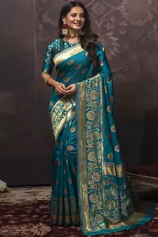 Turquoise Silk Designer  Party Wear Sarees