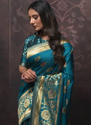 Turquoise Silk Designer  Party Wear Sarees 3