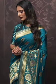 Turquoise Silk Designer  Party Wear Sarees