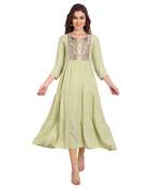 Light-green embroidered rayon long-kurtis