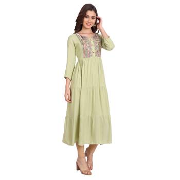 Light-green embroidered rayon long-kurtis 3