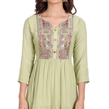 Light-green embroidered rayon long-kurtis 5