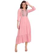 Orange embroidered rayon long-kurtis