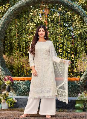 Beautifully Stylish Semi Stiched Plazzo Dress In White Colour 1