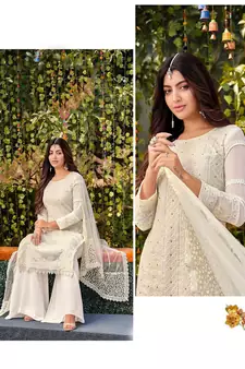 Beautifully Stylish Semi Stiched Plazzo Dress In White Colour