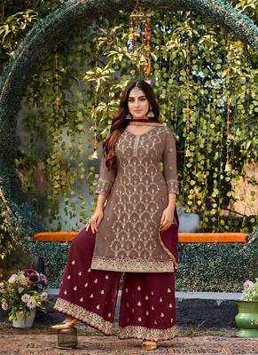 Beautifully Stylish Semi Stiched Plazzo Dress In Brown Colour 1