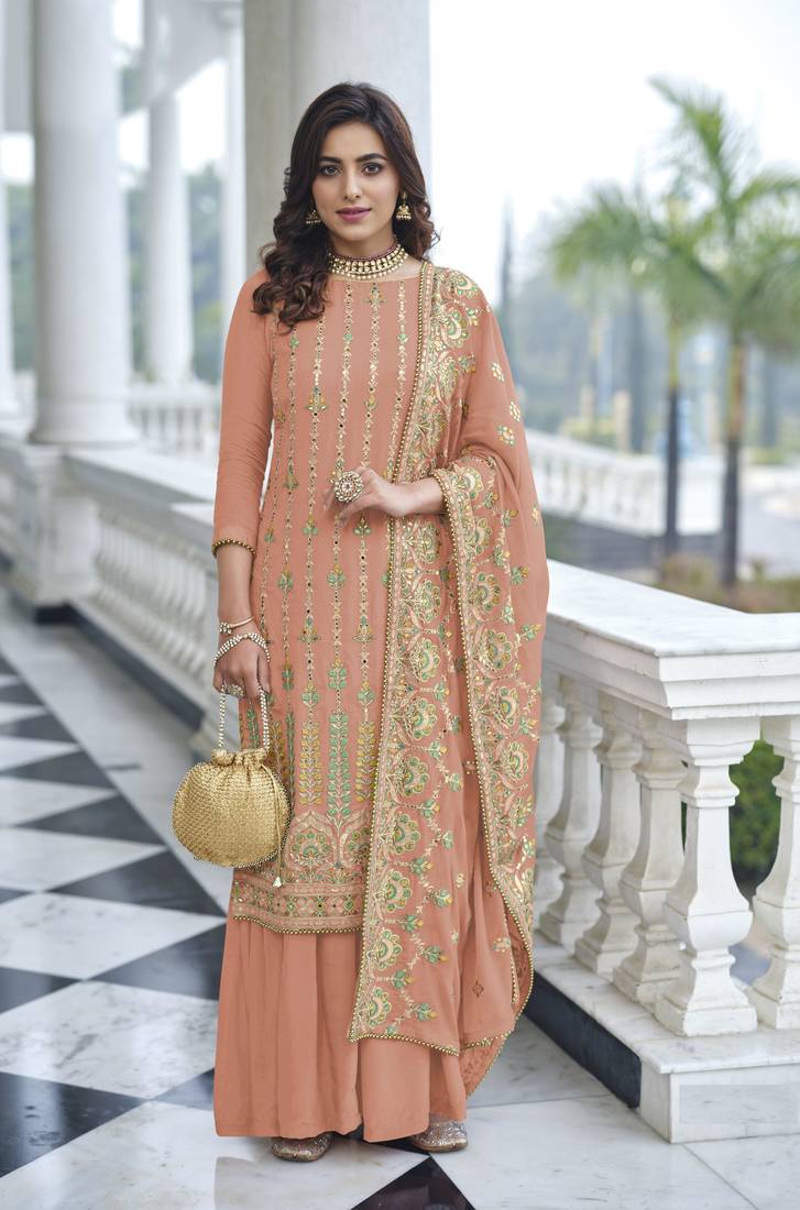 Classically Adorable Peach Colour Girlish Elegant Sharara Suit
