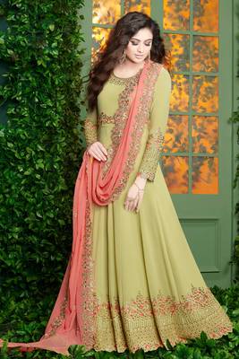 Green Embroidered Faux Georgette Salwar Free size full stitched Up To 42" Size 1