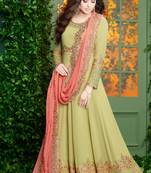 Green Embroidered Faux Georgette Salwar Free size full stitched Up To 42" Size