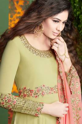 Green Embroidered Faux Georgette Salwar Free size full stitched Up To 42" Size 2