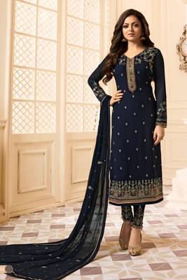 Blue Embroidered Georgette Salwar Up To 42" Size 1