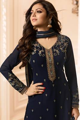 Blue Embroidered Georgette Salwar Up To 42" Size 2