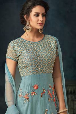 Sky Blue Net Thread Floral Embroidered Salwar Suit 2