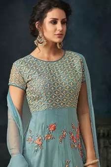 Sky Blue Net Thread Floral Embroidered Salwar Suit