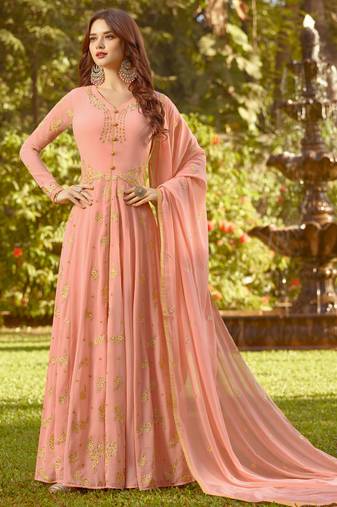 Baby-Pink Embroidered Georgette Salwar Up To 42" Size
