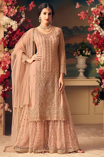 Peach Embroidered Net Salwar Free size full stitched Up To 42" Size
