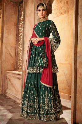 Dark-Green Embroidered Georgette Salwar Free size full stitched Up To 42" Size 1