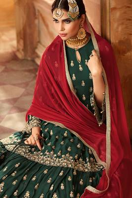 Dark-Green Embroidered Georgette Salwar Free size full stitched Up To 42" Size 2