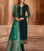 Blue Embroidered Georgette Salwar Free size full stitched Up To 42" Size