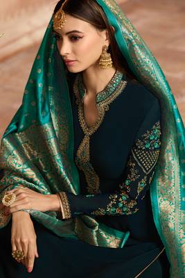 Blue Embroidered Georgette Salwar Free size full stitched Up To 42" Size 2