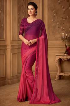 Wine embroidered silk blend saree with blouse