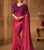 Wine embroidered silk blend saree with blouse