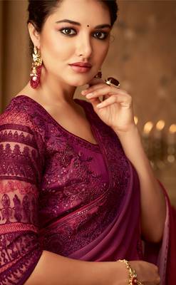 Wine embroidered silk blend saree with blouse 2