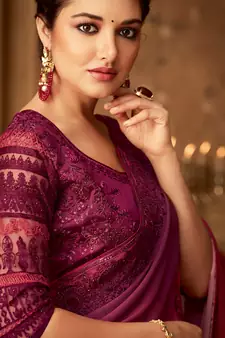 Wine embroidered silk blend saree with blouse