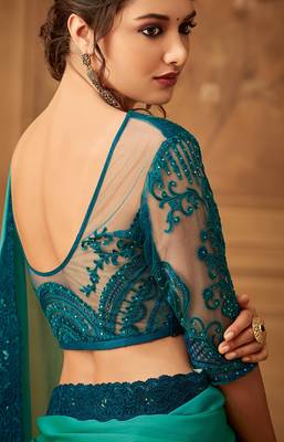 Green embroidered silk blend saree with blouse 3