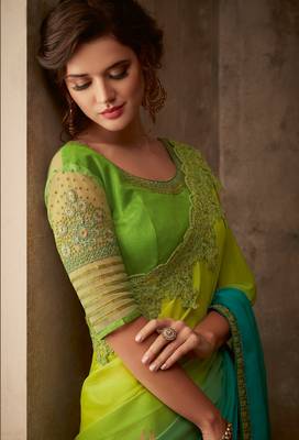 Lemon embroidered silk blend saree with blouse 2