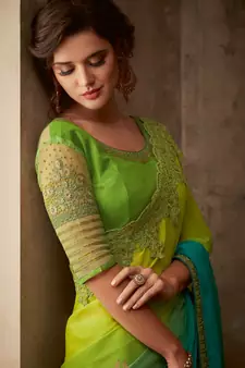 Lemon embroidered silk blend saree with blouse