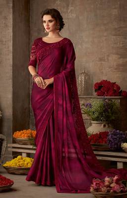 Wine embroidered silk blend saree with blouse 1