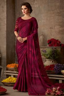 Wine embroidered silk blend saree with blouse