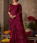 Wine embroidered silk blend saree with blouse