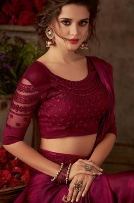 Wine embroidered silk blend saree with blouse 2