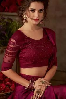 Wine embroidered silk blend saree with blouse