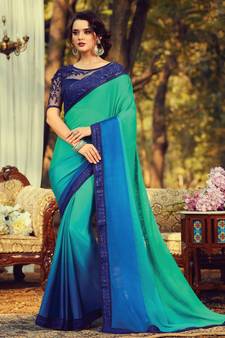 Turquoise plain silk blend saree with blouse