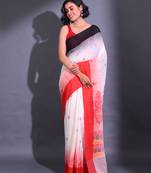 White Cotton Handwoven Saree With Nakshi Motifs And Floral Designs