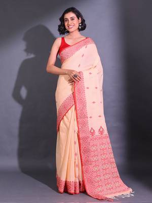 Light Peach Cotton Handwoven Saree With Nakshi Patterns 1