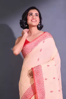 Light Peach Cotton Handwoven Saree With Nakshi Patterns