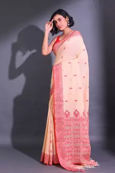 Light Peach Cotton Handwoven Saree With Nakshi Patterns