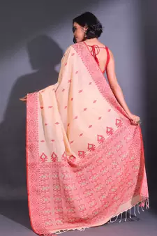 Light Peach Cotton Handwoven Saree With Nakshi Patterns