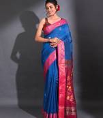 Sapphire Blue Cotton Blend Handwoven Saree With Floral Motifs And Lotus Designs