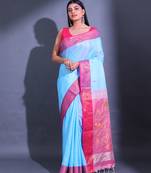 Sky Blue Cotton Blend Handwoven Saree With Floral Motifs And Lotus Designs