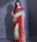 Pistachio Green Cotton Handwoven Saree With Checked Box Border And Nakshi Pallu